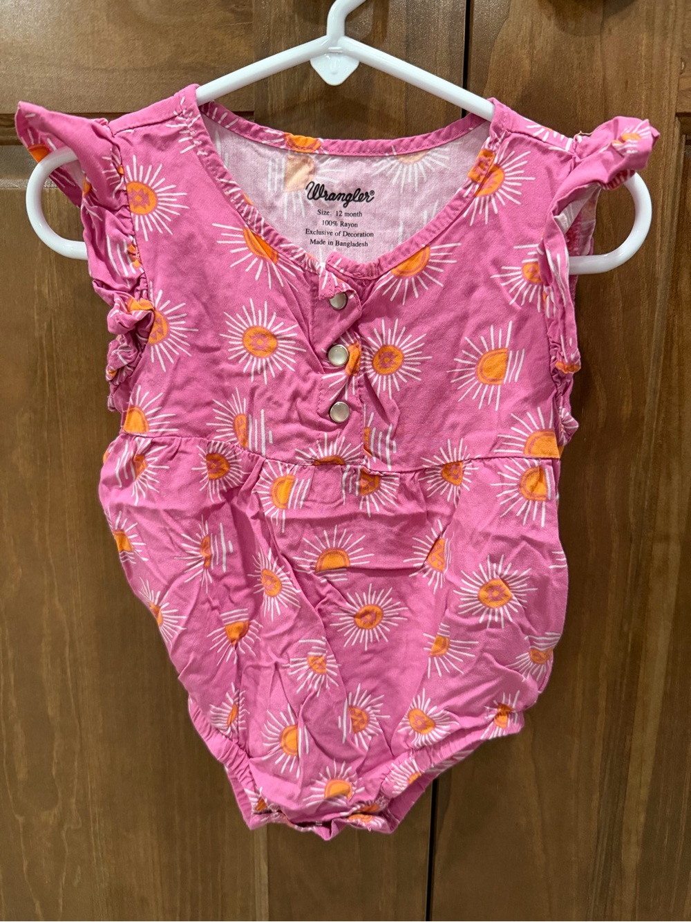 Wrangler Baby Girl Ruffle Romper Pink Floral Sunburst Western Print, 12 Months
